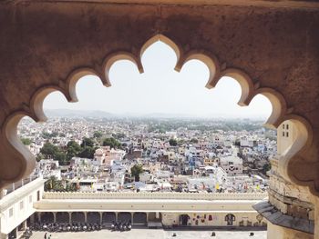 High angle view of townscape seen through window