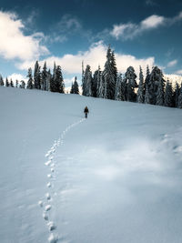 Rear view of woman walking on snow covered field 