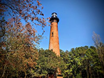 Low angle view of lighthouse against clear blue sky