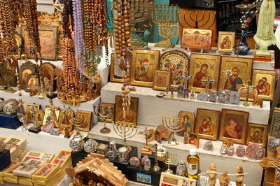 Religious objects for sale at market stall