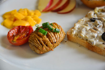 High angle view of breakfast served on table