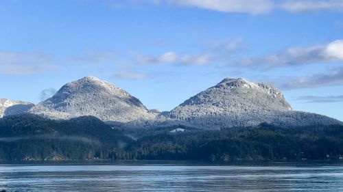 Scenic view of lake and mountains against sky