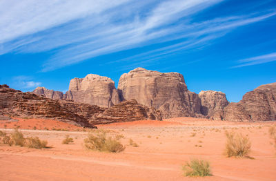 Rock formations in desert against blue sky