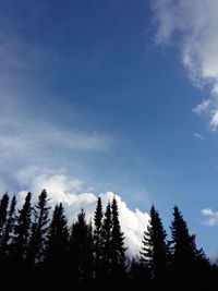 Low angle view of trees against cloudy sky