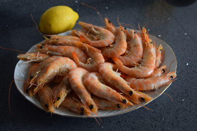 High angle view of seafood in plate on table