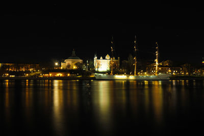 Reflection of illuminated buildings in water at night