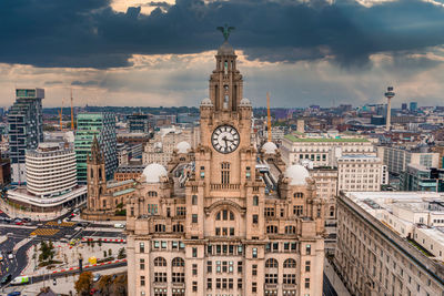 Aerial close up of the tower of the royal liver building in liverpool