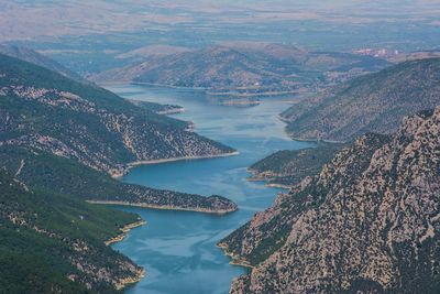 High angle view of river and mountains