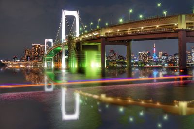 Illuminated suspension bridge at night