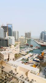 High angle view of buildings against clear sky