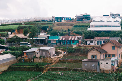 High angle view of buildings in city