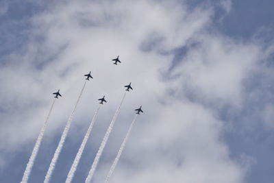 Low angle view of airshow against sky