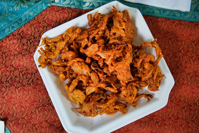 High angle view of food in plate on table