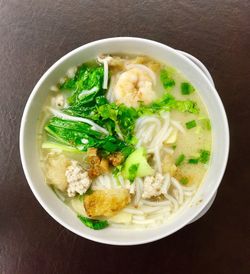 High angle view of soup in bowl on table