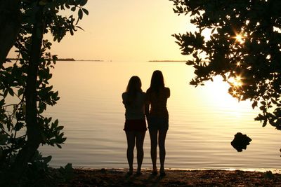 Rear view of female friends standing at beach during sunset