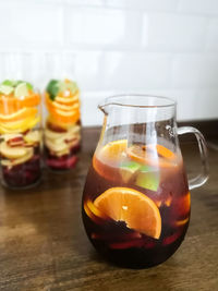 Close-up of drink in glass jar on table