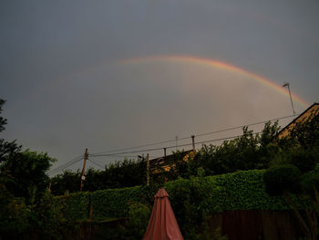 Low angle view of rainbow over trees against sky