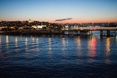 Illuminated buildings by river against sky at sunset