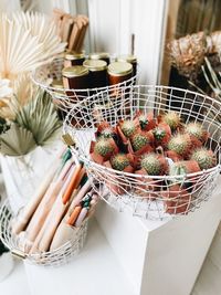 High angle view of vegetables in basket on table