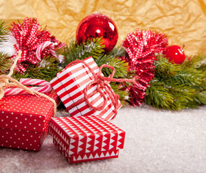 Close-up of christmas decorations on table