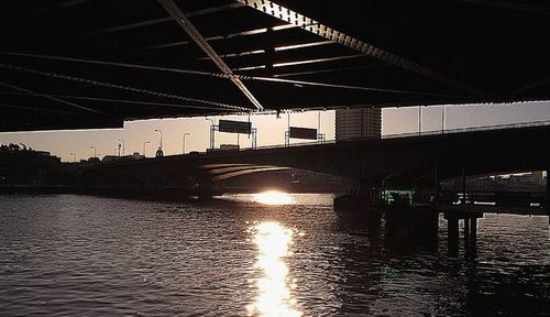 Bridge over river at sunset