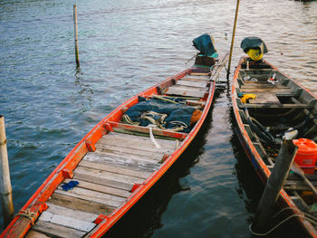 High angle view of boats moored in water