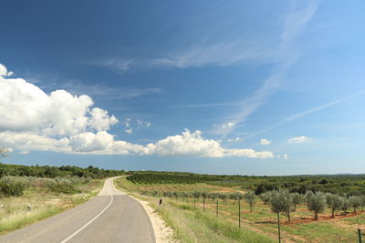 Empty road amidst field against sky