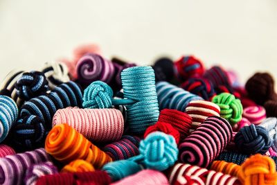 Close-up of colorful wool spools