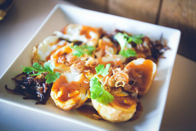 High angle view of food served in plate