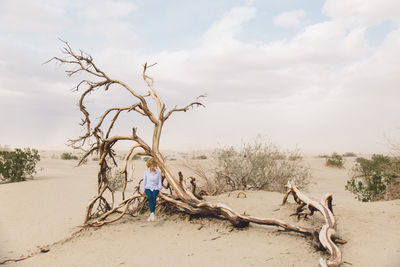 Woman sitting on bare tree at beach against sky 