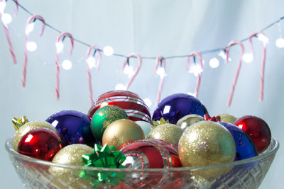 Close-up of christmas decorations on table