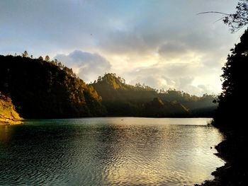 Scenic view of lake by trees against sky