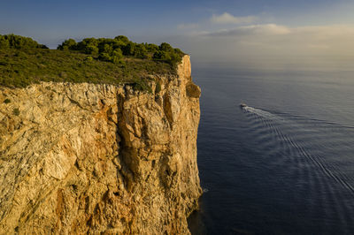 Aerial view of the cap de la barra cliff at sunrise. it is located in l'estartit, on the costa brava