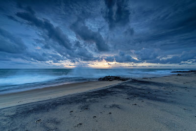 Scenic view of beach against sky during sunset