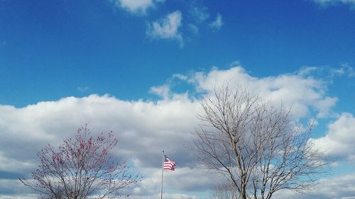 Low angle view of bare trees against cloudy sky