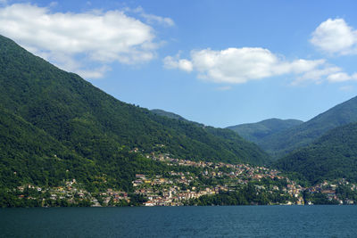 Scenic view of sea and mountains against sky