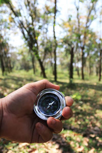 Midsection of man holding eyeglasses on tree