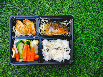 High angle view of sushi in tray