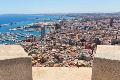 High angle view of buildings against sky