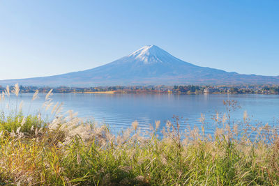 Scenic view of lake against blue sky