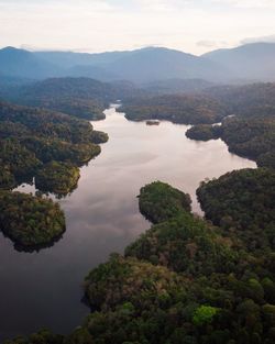 High angle view of trees and mountains against sky