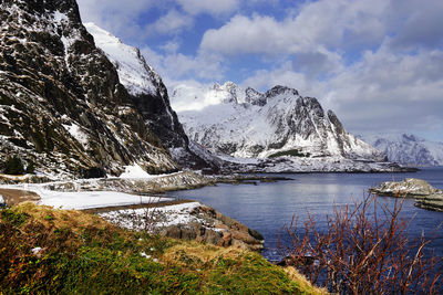 Scenic view of lake and snowcapped mountains against sky