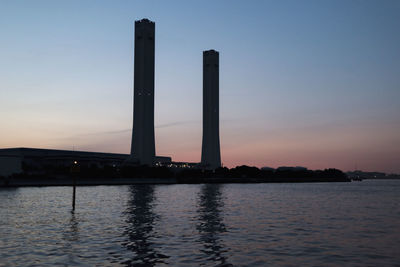 Scenic view of river against clear sky at sunset