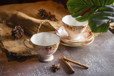 Close-up of tea cup on table