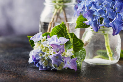 Close-up of purple flowering plant in vase on table