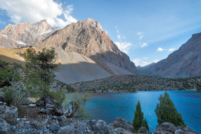 Scenic view of lake and mountains against sky