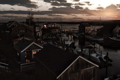 High angle view of harbor at sunset