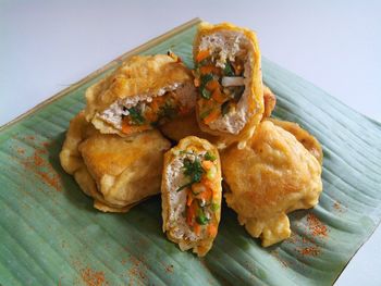 Close-up of food on banana leaf