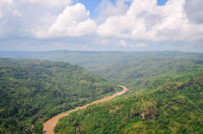 Landscape view of oyo river, seen from mangunan fruits garden, bantul, yogyakarta, indonesia