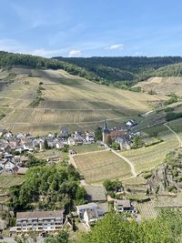 High angle view of agricultural field against sky